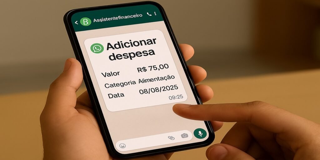 Registro de despesa via assistentes financeiros em aplicativo de mensagens no celular.