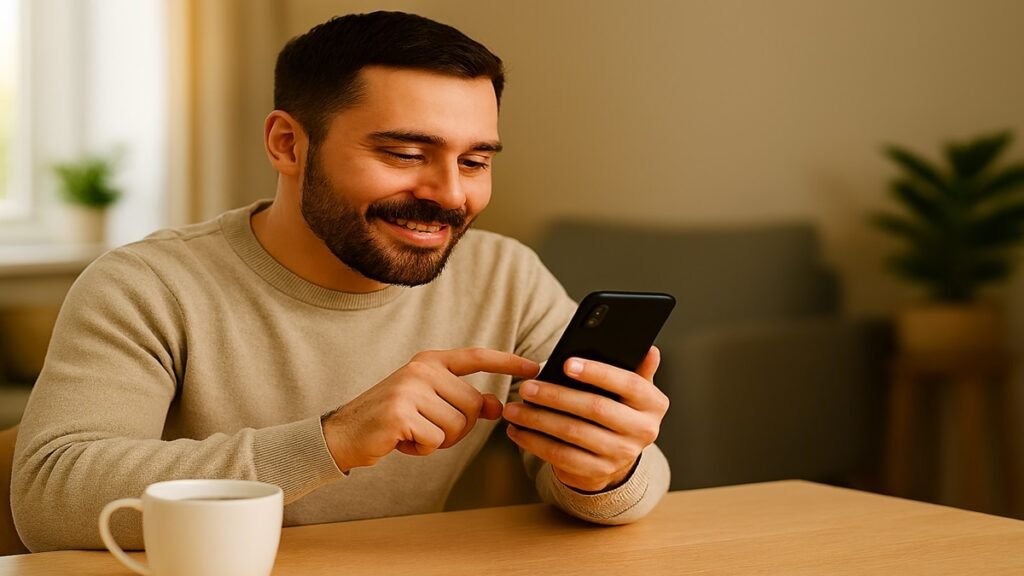 Homem sorridente usando smartphone em ambiente aconchegante com luz natural, verificando (Assistentes financeiros)